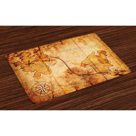 Compass Placemats Set of 4 Bohemian Style Treasure Hunt Map with Small Compass Paint on It Manuscript Atlas Finding, Washable Fabric Place Mats for Dining Room Kitchen Table Decor,Tan, by (Best Places To Treasure Hunt)