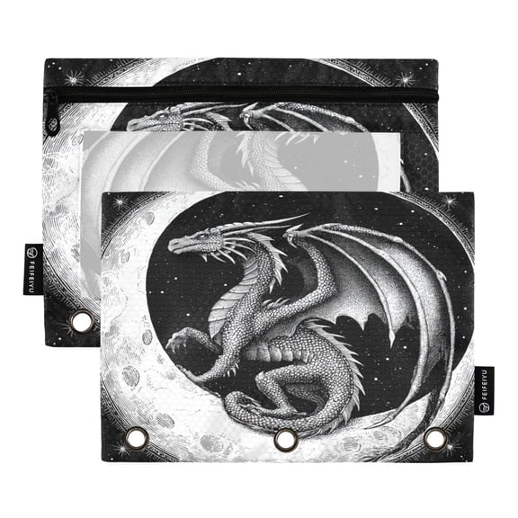 2 Pack 3 Ring Binder Pouch with Clear PVC Window Water Resistant Zipper Pencil Pouch A Black Dragon Binder Pocket for Classroom Office Home Stationery Organization