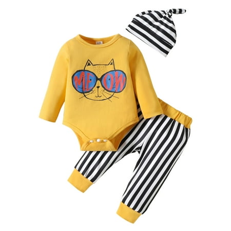 

Boys Girls Long Sleeve Cartoon Prints Romper Bodysuit Striped Pants Hat Outfits 23 Piece Set Kepi Baby Teen Girl Outfits for Juniors Matching Baby and Girl Clothes Take Luck Home Clothes Baby Girl Set