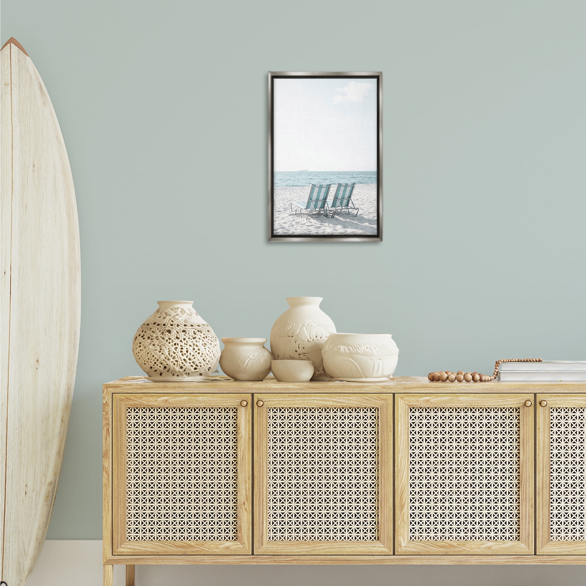 Stupell Industries Soothing Blue Beach Chairs Nautical & Beach Photography Gray Floater Framed Canvas Art Print Wall Art, 17 x 25