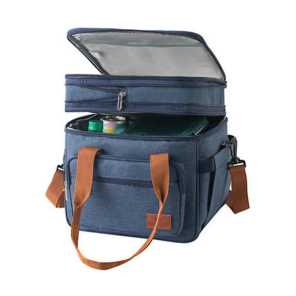 Insulated Lunch Box for Men & Women, Expandable Double Deck Lunch Cooler Bag, Leak-Proof Cooler Lunch Bag with 5 Pockets, Adjustable Strap, Ideal for Work, Picnic, Travel, 10.24"×11.02"×9.84"