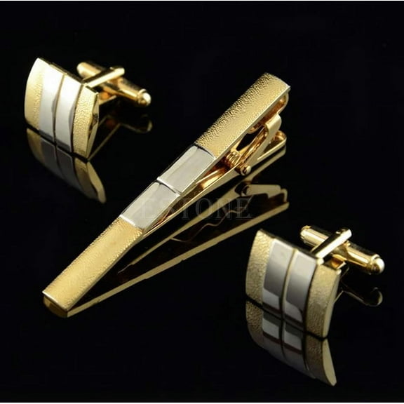 Fashion Men Necktie Tie Bar Clasp Clip Cufflinks Sets Gold Simple Party Gift New