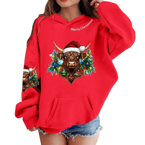 Toddler Girls Hoodies Merry Christmas Hoodie Long Sleeve Print Pullover Loose Fit Kids Sweatshirt Cozy Hooded Top Size 3-4T ,Red