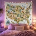 thumbnail image 2 of United States Map with Regional Icons and Sunny Ocean, Cheerful Illustration for Travel Lovers, Map Wall Decor Housewarming Gift, Tapestry Wall Hanging for Classroom and Dorm, 2 of 7