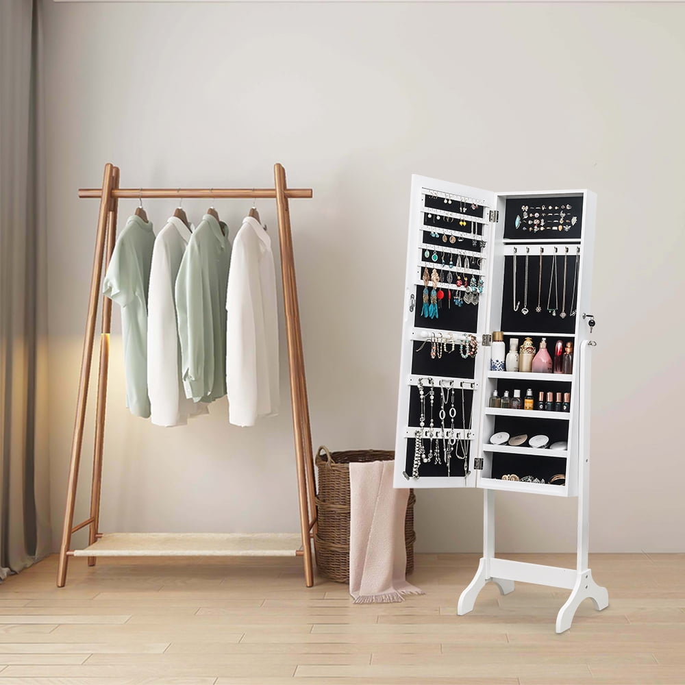 Kepooman Non Full Mirror Wooden Floor Standing 4-Layer Shelf Jewelry Storage Adjustable Mirror Cabinet - White Kepooman Non Full Mirror Wooden Floor Standing 4-Layer Shelf Jewelry Storage Adjustable Mirror Cabinet - White