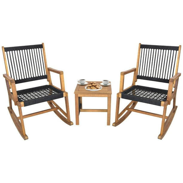 Costway Conjunto de Mesa de Café y Mecedora de Madera de Acacia Tejida en Cuerda Negro y Natural
