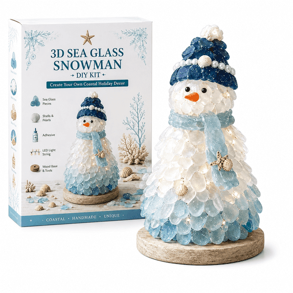 DIY 3D Sea Glass Art Kit, Coastal Christmas Craft (Snowman), Create glowing 3D coastal decor with layered sea glass, shells, pearl accents, warm LED lights, and a sturdy wooden base.