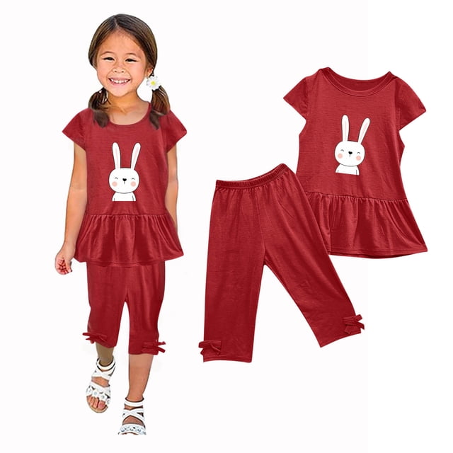 LSLJS Girl's Été Col Rond Petit Imprimé Manches Courtes Vol Élastique Taille Recadrée Pantalon Deux Pièces Ensemble de Vêtements d'Été Vêtements pour Enfants à la Mode 2024