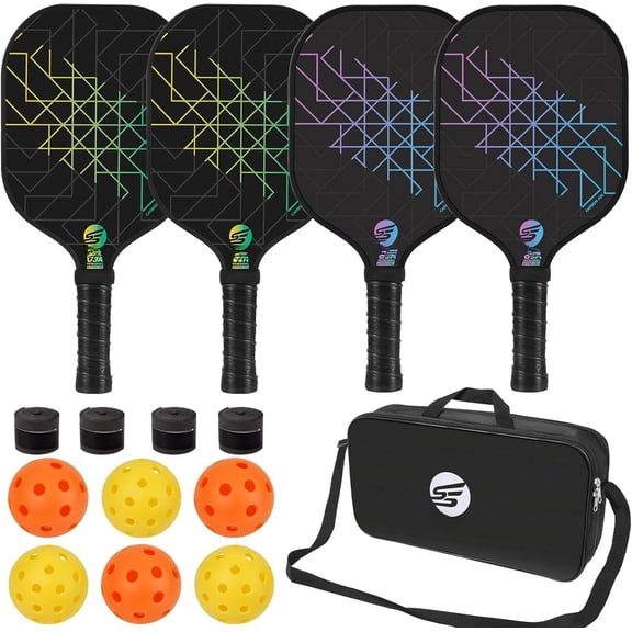 Pickleball Paddles Set of 4, USAPA Approved Carbon Fiber Pickle Ball Paddle (CHS), Polypropylene Honeycomb Core, Anti Slip  Absorbing Grip, 4 Replacement Soft Grip, 6 Pickleball, Bag
