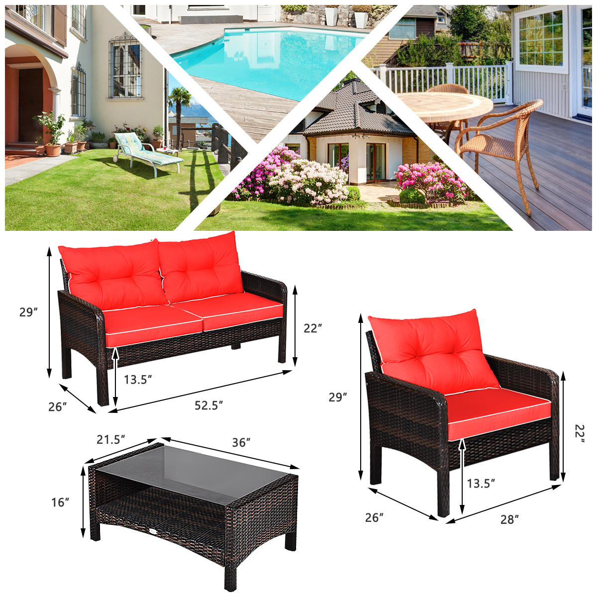 Gymax 4PCS Rattan Patio Conversation Set Red Cushioned Outdoor Furniture Set - image 5 of 9