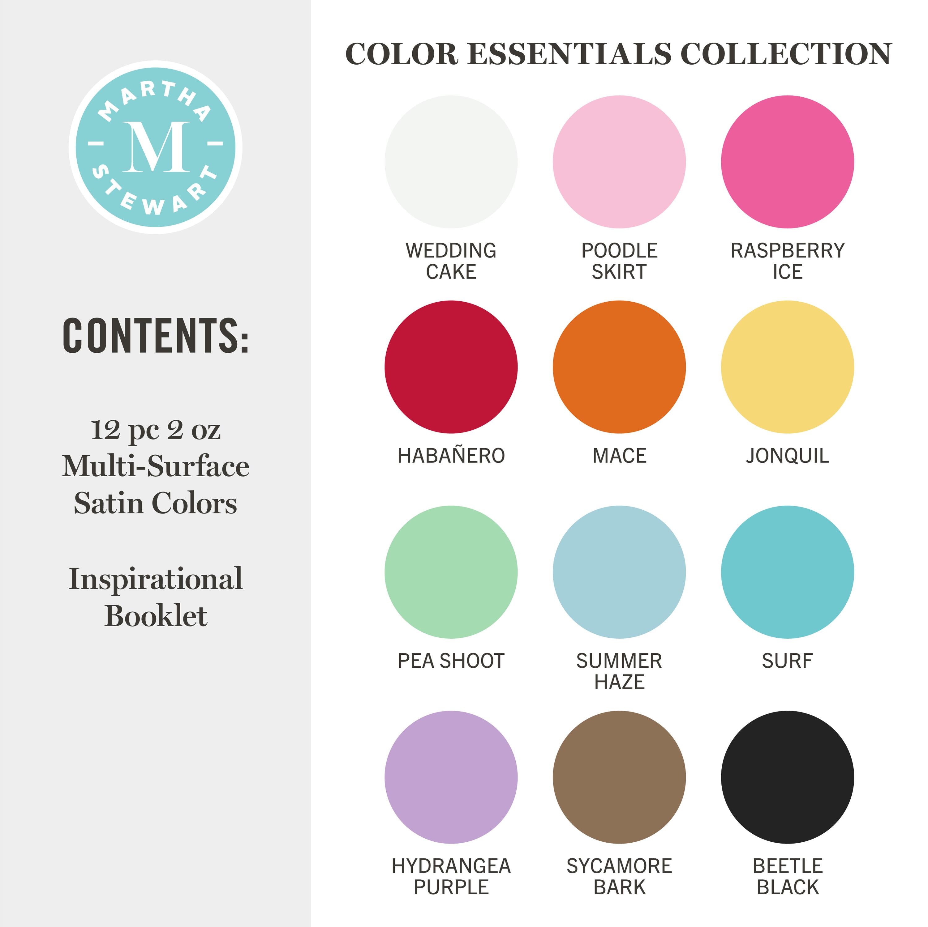 Martha Stewart Multi-Surface Acrylic Craft Paint Set, Satin Finish, Color Essentials, Set of 12, 2 fl oz
