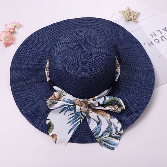 AirLoni Women Summer Foldable Roll Up Floppy Straw Sun Hat, Wide Brim UV Protection Ribbon Decor Lightweight Solid Color Outdoor Beach Travel Sun Cap Navy,M