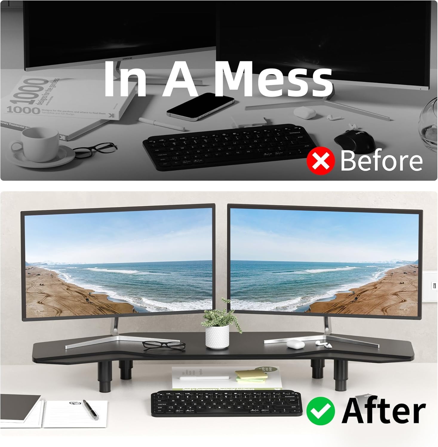 39.4 Inch Dual Monitor Stand Riser Black, Plane Wing-Shaped Sturdy Computer Desk Riser for 2 Monitors, Adjustable Height Wood Monitor Stand for Laptop, Extra Long Storage Drawer