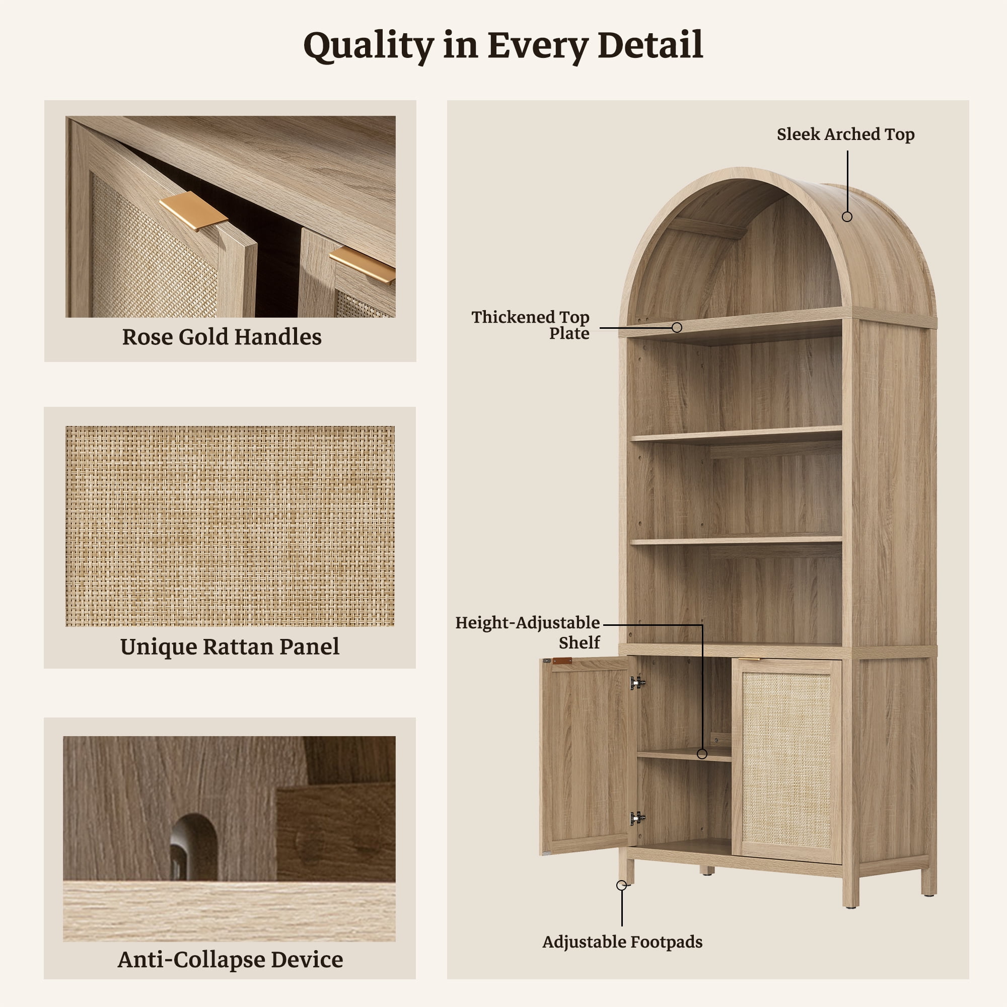 SICOTAS 84.2" Tall Rattan Pantry Cabinet with Adjustable Shelves - Large Farmhouse Kitchen Storage Organizer, Boho Dining Room Cabinet, Freestanding Arched Food Pantry with Doors ,Reclaimed Light Oak