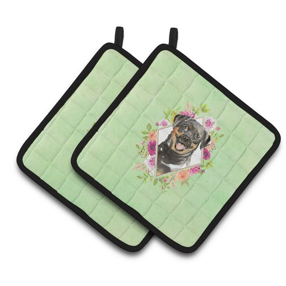Carolines Treasures CK4377PTHD Rottweiler Green Flowers Pair of Pot Holders 7.5HX7.5W multicolor