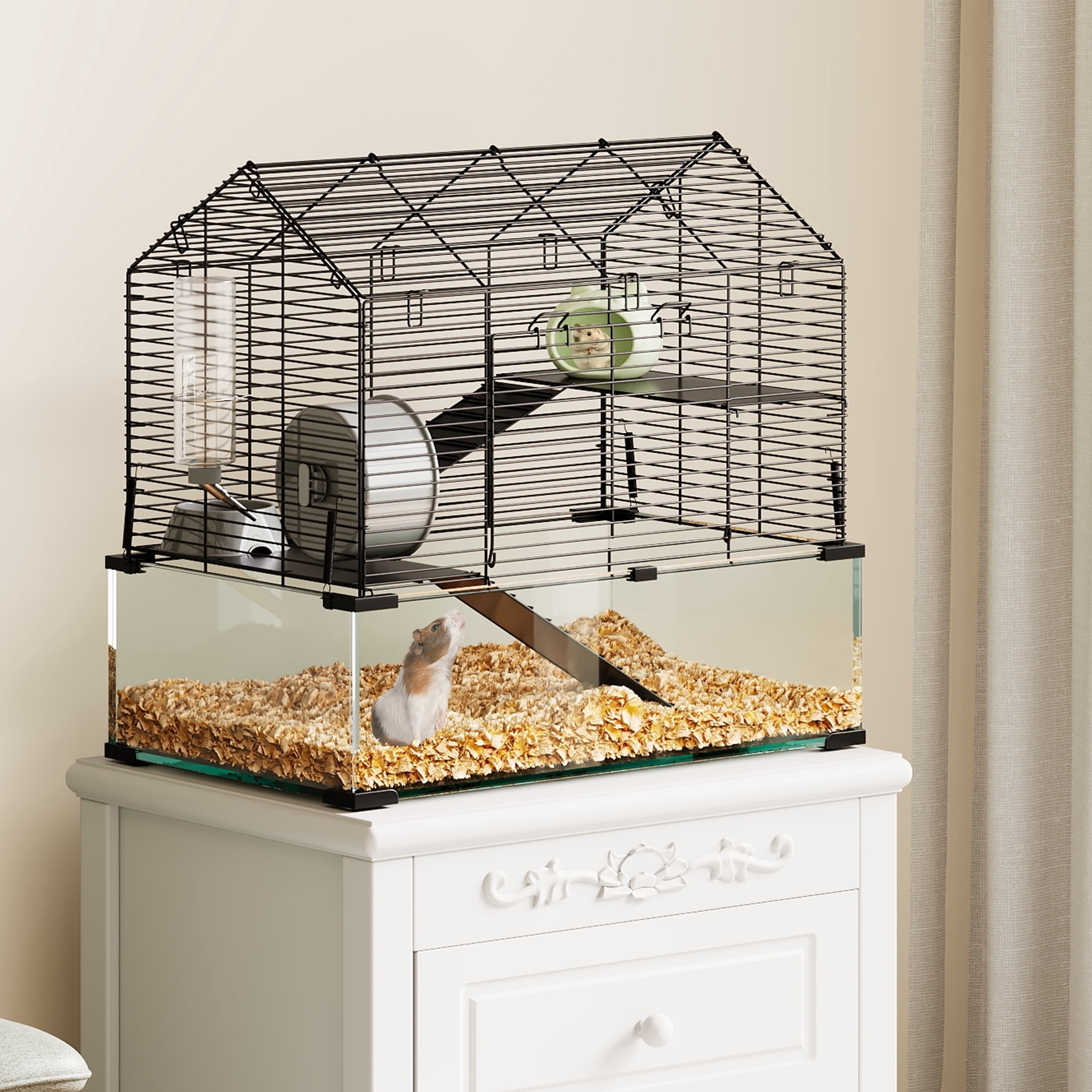 Gaderth 3 Tiers Hamster Cage with Deep Tempered Glass Bottom, Large Hamster Tank with Running Wheel, Hut, Dish ＆ Water Bottle, Rat Cage for Dwarf, Syrian, Gerbils, Mouse