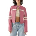 thumbnail image 5 of Women's Contrast-Color Stand Collar Faux Leather Cropped Moto Jacket - Pink, Long Sleeve, Zip-Up, S-XXL, Spring and Autumn, 5 of 9