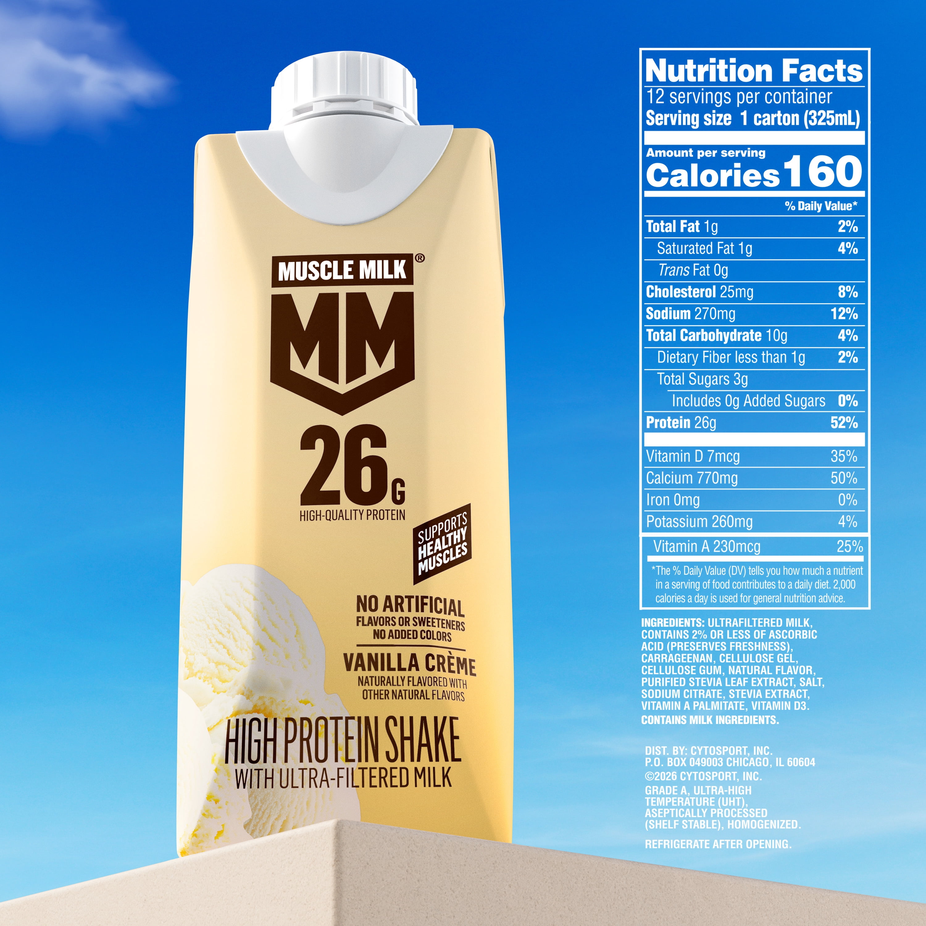 Muscle Milk 26g High Protein Shake, Vanilla Crème, Ultra- Filtered Milk  11 fl oz, 12 pack