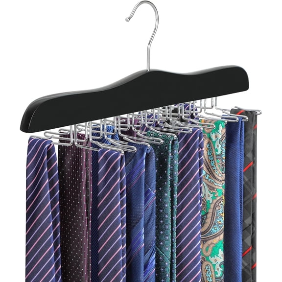 Tie Rack Hanger for Closet, Wooden Tie Organizer for Men with 24 Folding Hooks, Space Saving Necktie Holder for Storage and Display Bra, Tank Top, Camisole (1-Pack), Black- CT14B