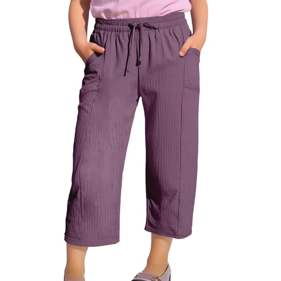 CPNG Girls Capris Pants Summer Casual Cotton Linen Straight Wide Leg Loose Drawstring Elastic Waist Cropped Trouser(Purple,6-7 Years)