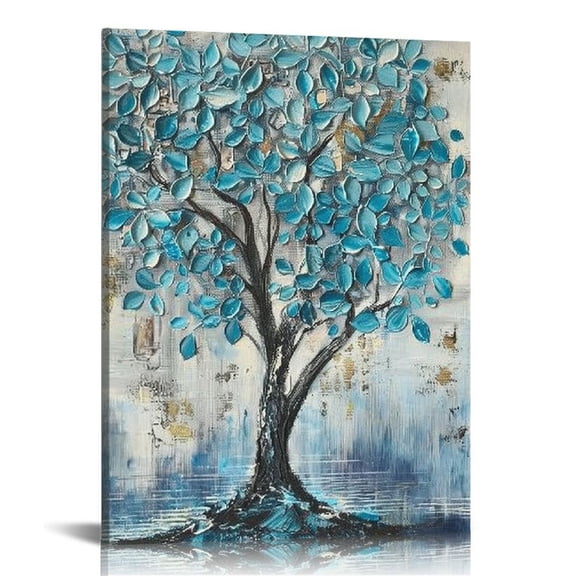 COMIO Tree Wall Art Teal Blue Nature Tree of Life Abstract Canvas Painting Textured Picture, Modern Panoramic Landscape Artwork Framed for Living Room Bedroom Bathroom Office Home Decor