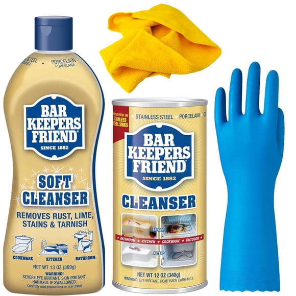 4 pack Cleaning Bundle | Bar Keepers Soft Cleanser 13 oz + Stainless Steel Cleanser Powder 12 oz | Microfiber Cloth | Pair of Nitrile Cleai