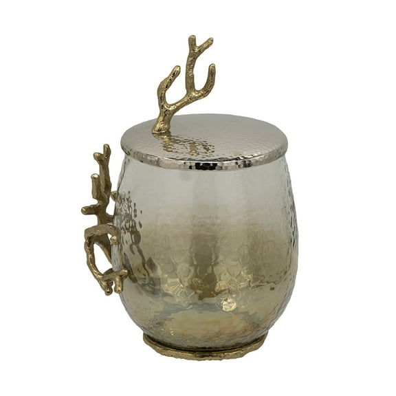 A&B Home Lidded Glass Jar with Gold Branch - Hammered Texture Glass and Aluminum Decorative Jar, Tabletop Home Décor Accessory, Living Room Entryway Coffee Table Side Table Accent Piece, 8" x 7" x 11"