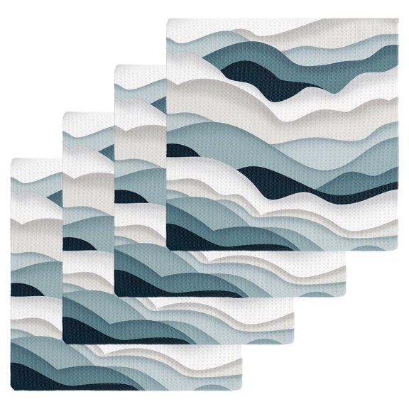 Blue Grey Ombre Kitchen Dish Towels for Drying Dishes Set of 4, Modern Geometric Moire Abstract Art Waffle Weave Microfiber Hand Tea Bathroom Towels Quick Dry & Absorbent Towel 12x12