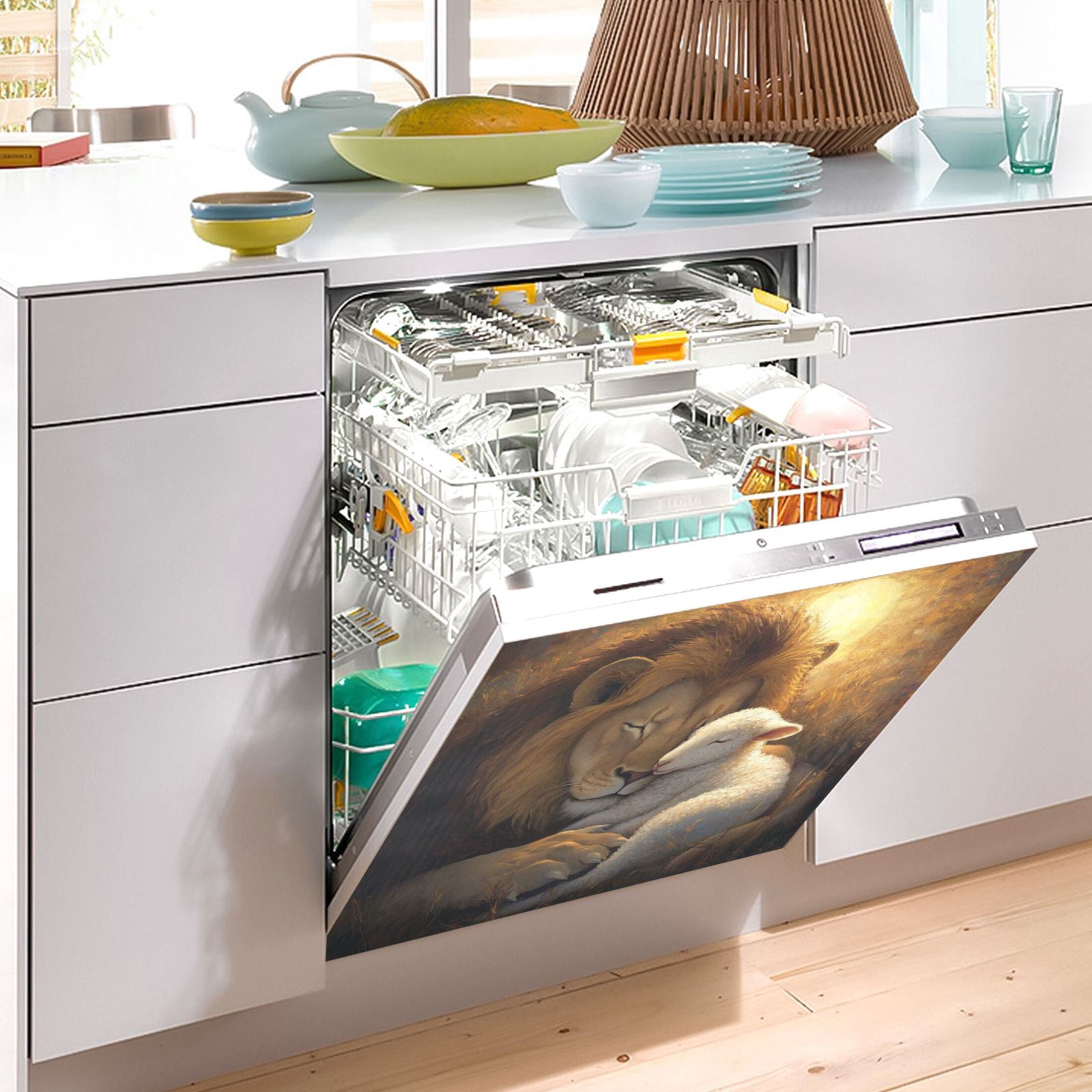 Dishwasher Magnetic Sticker 23x26 Inch Refrigerator Magnetic Sticker Washing Machine Magnetic Sticker Kitchen Panel Magnetic Sticker Home Decor Beautiful Lion Sheep