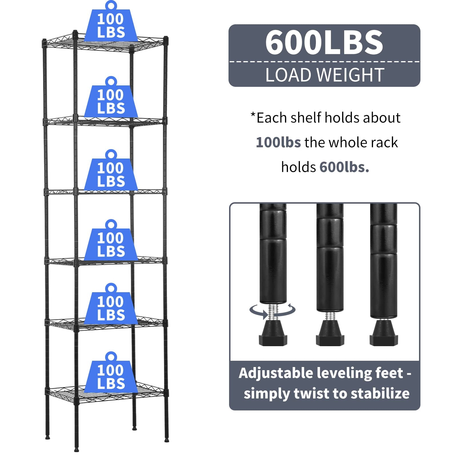 NiamVelo Black Adjustable 6-Tier Wire Metal Shelving Unit