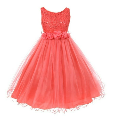 girls coral lace sequin tulle flower sparkle special occasion (Best Occasion Dresses 2019)