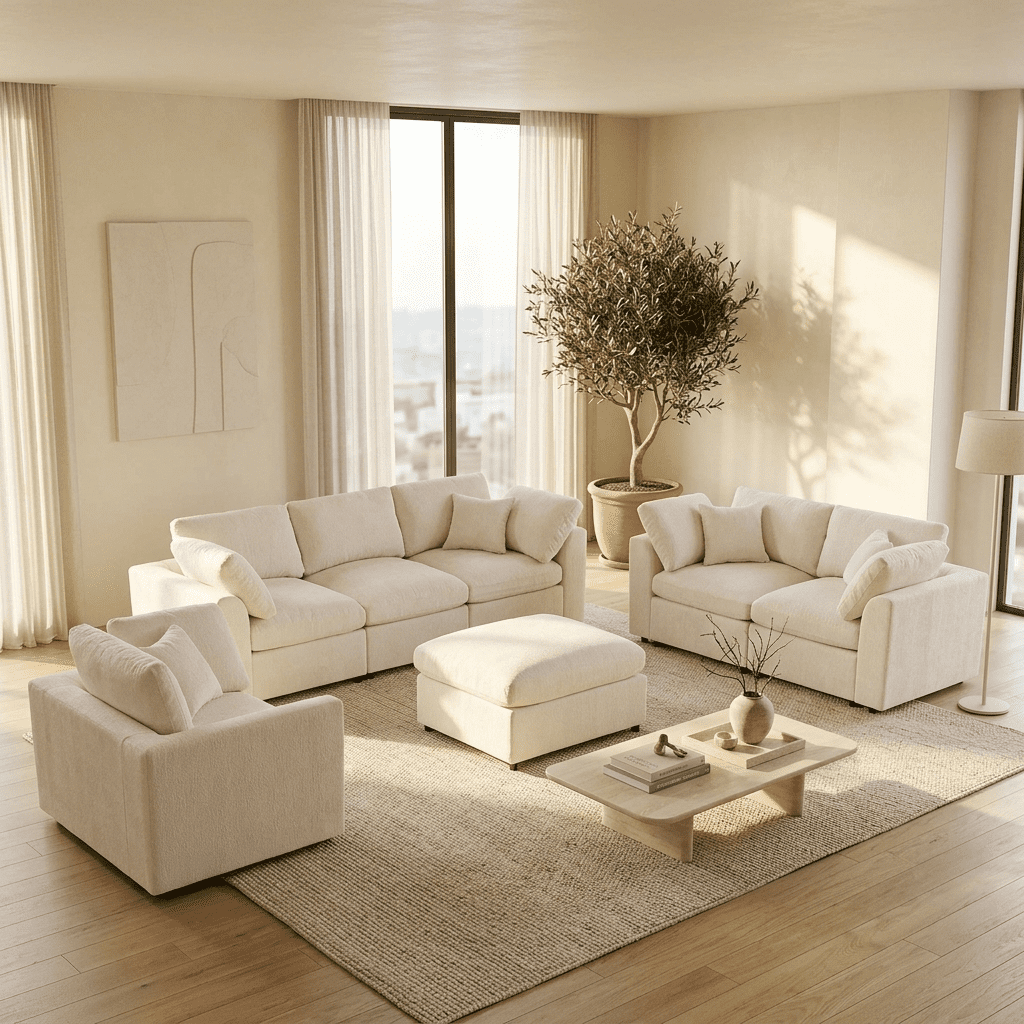 Howcool 4-Piece Modular Sectional Sofa Set,3-Seater Sofa + Loveseat + Accent Chair + Movable Ottoman,Soft Chenille Deep Seat Sofa Couch with Solid Wood Frame for Living Room,Beige