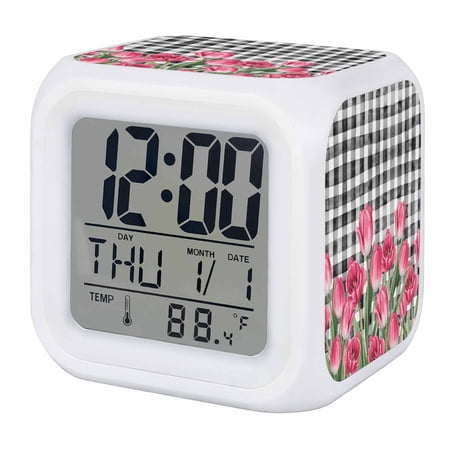 Alarm Clocks Pink Tulip Flower Digital Clock 7 Color LED Night Light Silent Non-Ticking Battery Operated Spring Floral Black Plaid Cube Clocks for Bedroom Bedside Living Room Office School