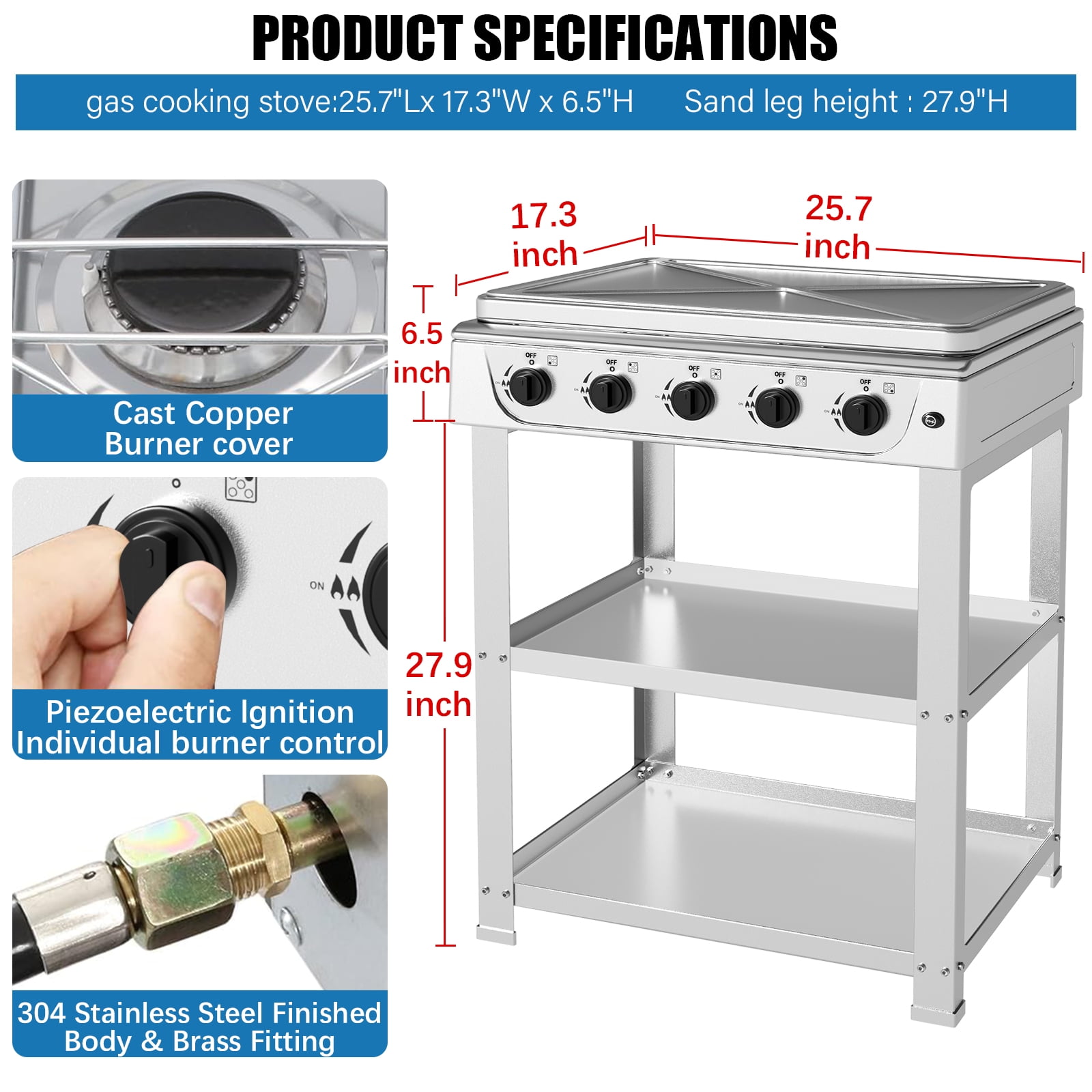 Propane Gas Stove,5 Burner Propane Burner,Auto Ignition Camping Stove with Support Leg Stand and Wind Blocking Cover Adapter, Portable Gas Stove for RV, Apartment, Outdoor Cooking