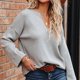thumbnail image 3 of Suéter de mujer de manga larga con cuello en V Drop Shoulder Pure Color Casual Fit Suéter de punto para mujer, 3 of 7