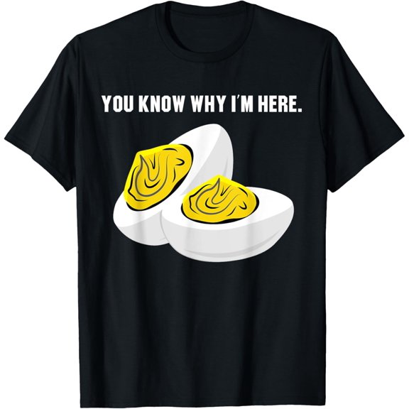Funny Thanksgiving Dinner You Know Why I'm Here Deviled Egg T-Shirt - Funny Thanksgiving Shirt for Adults & Families - Black, Small, Unisex, Short Sleeve, Crew Neck, Retro, Polyester 100%