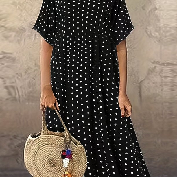 Vestido Retro De Talla Grande, Vestido Maxi Elástico Ligero Con Cuello Redondo Y Manga Corta Con Estampado De Lunares Para Mujer