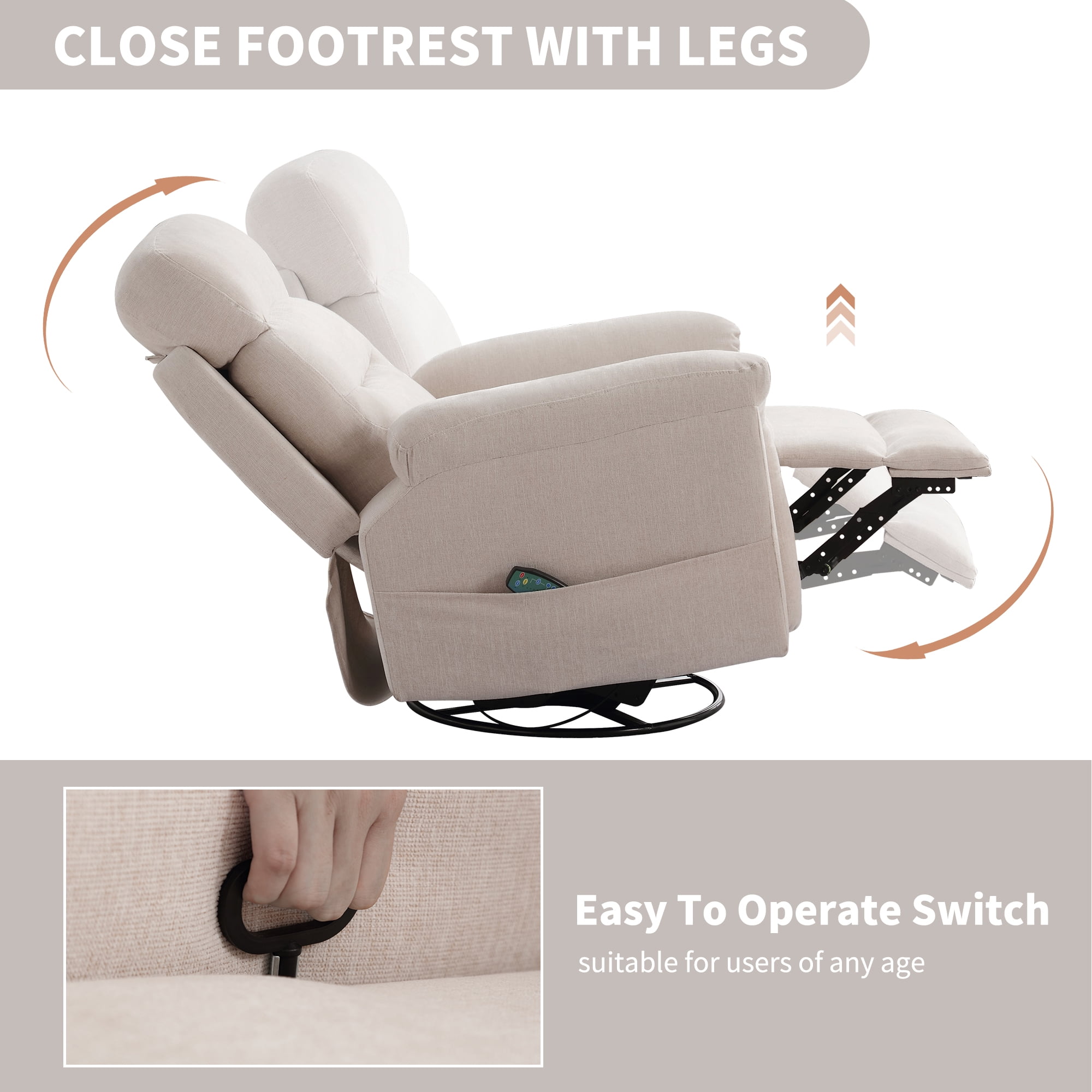 JONPONY Massage Rocker Recliner Chair with Vibration Massage and Heat for Living Room Swivel Recliner Chair with Rocking Function, Side Pocket, USB Charge Port, Beige