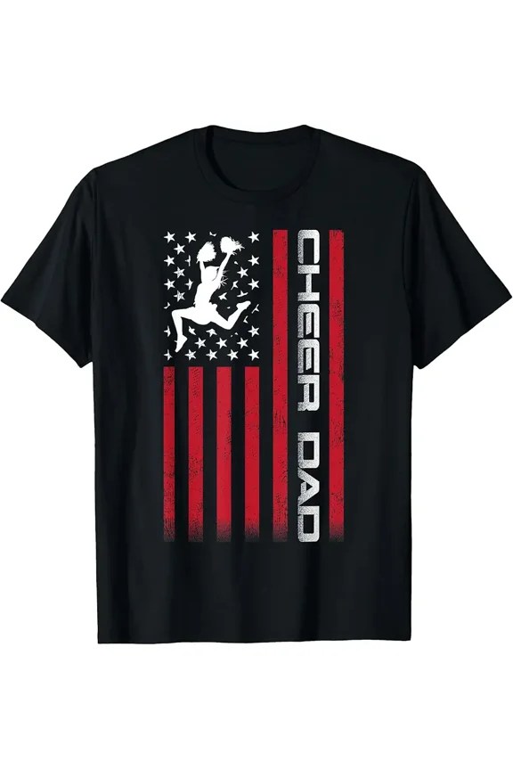 Retro American Flag Cheer Dad T-Shirt Patriotic USA Cheerleading Father Men's Distressed Graphic Tee