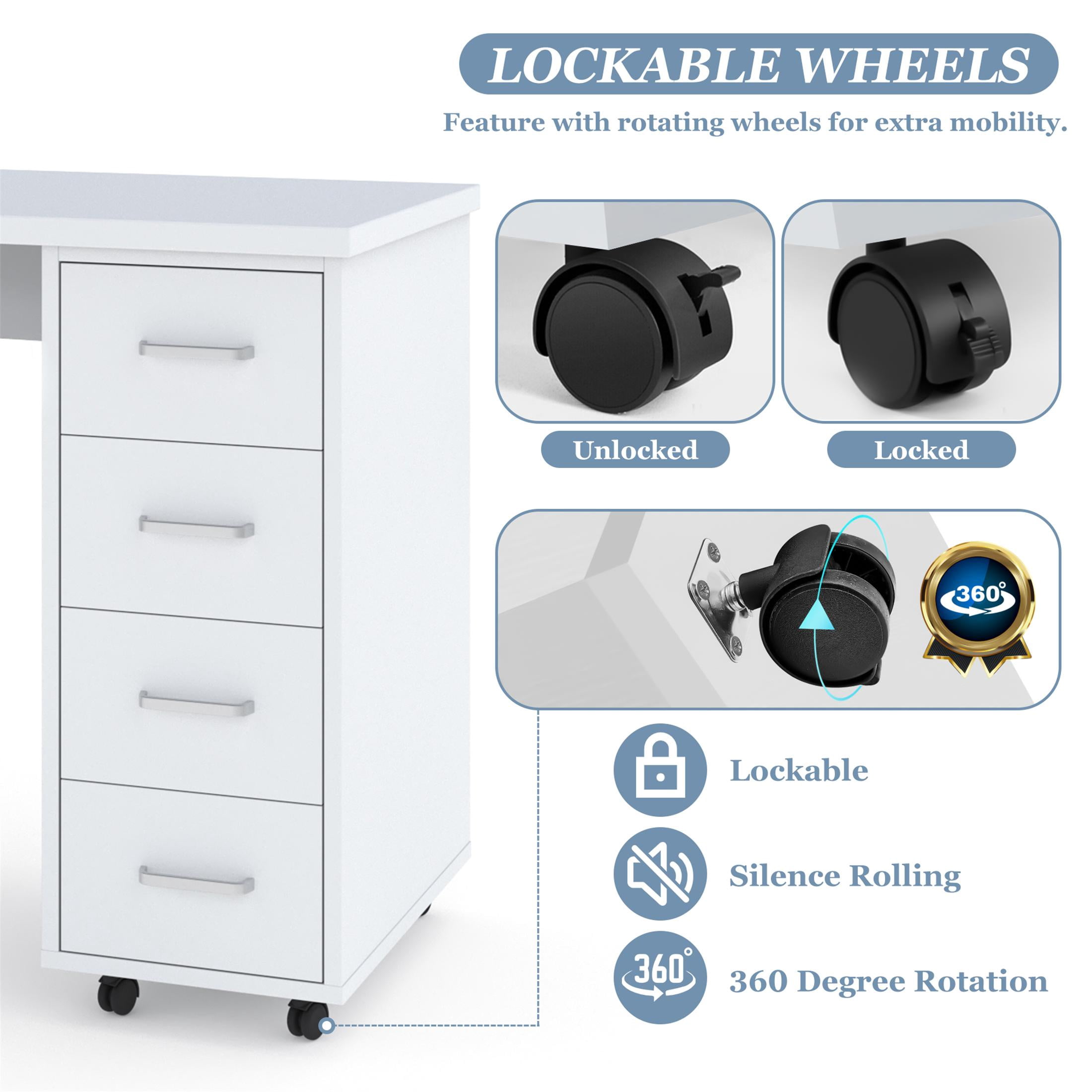 Sesslife White Computer Desk, Writing Desk with Lockable Wheels，Modern Wood Study Desk with 4 Drawers for Home Office Workstation