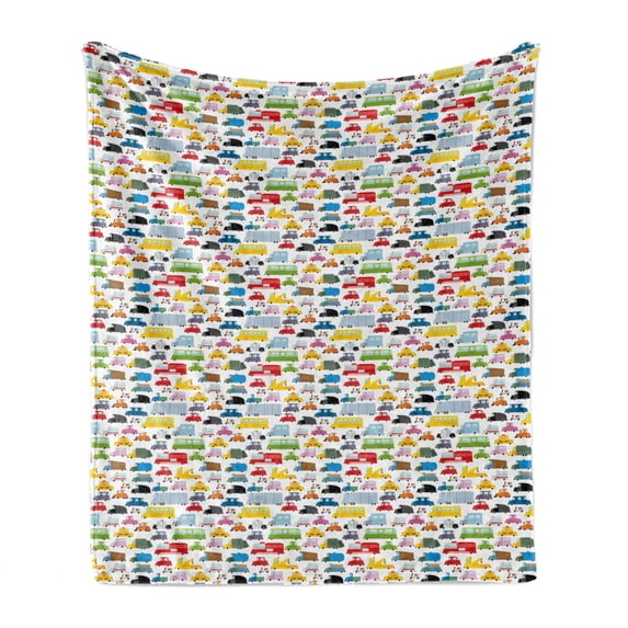 Transportation Soft Flannel Fleece Throw Blanket, Colorful Repetitive Waste Vehicles Pattern in Various Shapes and Colors, Cozy Plush for Indoor and Outdoor Use, 60" x 80", Multicolor, by Ambesonne