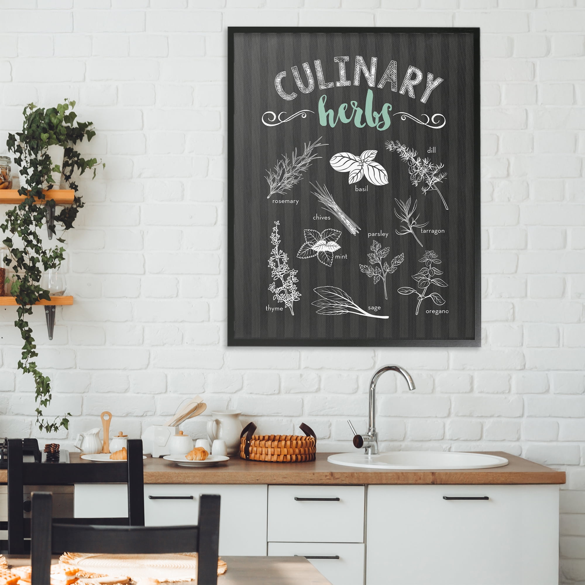Culinary Herbs on Stripes Black Framed Giclee Art, design by Lettered and Lined