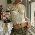 thumbnail image 4 of Women Crochet Knit Crop Top Pullover Sweater Color Block Patchwork Long Sleeve Square Neck Streetwear Fashion Coverup Blouse, 4 of 8