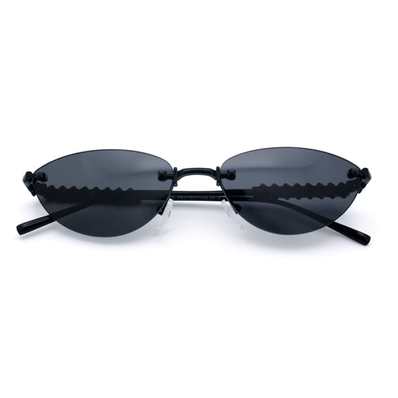 Womens Rimless Metal Rim Cat Eye Pyramid Stud Jewel Arm Sunglasses All Black