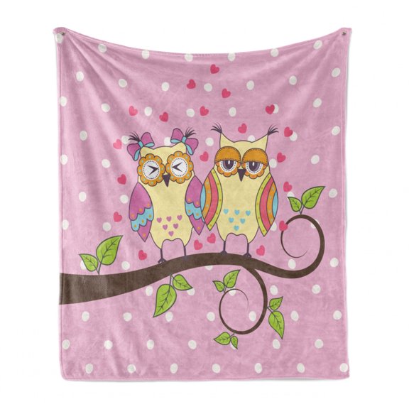Owls Soft Flannel Fleece Throw Blanket, Owls in Love on Branch Polkadots Leaves Hearts Romance Theme, Cozy Plush for Indoor and Outdoor Use, 70" x 90", Pale Yellow Apple Green, by Ambesonne