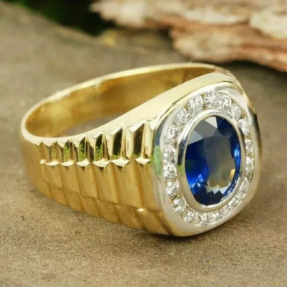 4Ct Oval Cut Lab Created Blue Sapphire Men's Engagement Ring 14K Yellow Gold Plated 925 Sterling Silver For Him