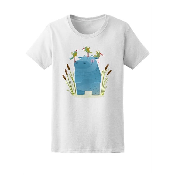 Wildlife Hippo With Cute Birds Tee Women's -Image by Shutterstock