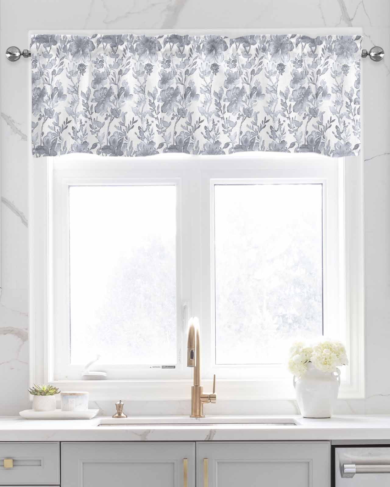Grey Botanical Linen Curtain Valance for Bedroom/Bathroom/Kitchen/Living/Dining Room Window,Floral Flower Abstract Contemporary Plant Pocket Topper Drapes Decorative Cafe Drapery Panel 60"x18"