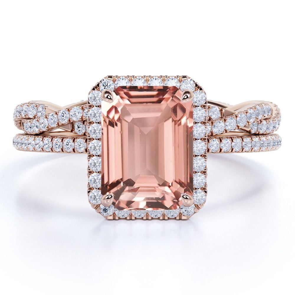 JeenMata 1.5 Carat Emerald Cut Peach created morganite and Moissanite Infinity Halo Wedding Ring Set