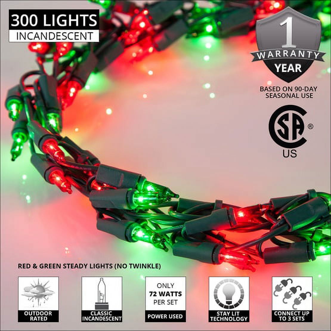 Wintergreen Lighting Red/Green Cluster String Lights Garland, 9ft, 300 Lights, Green Wire Christmas Patio Porch Railing Banister Lights